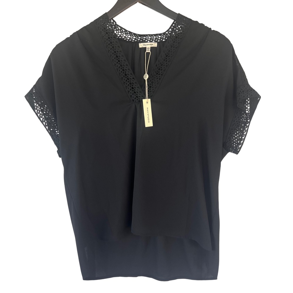 Max Studio Blouse Women Medium Black New Crochet Lace V-Neck High-Low Boho Top